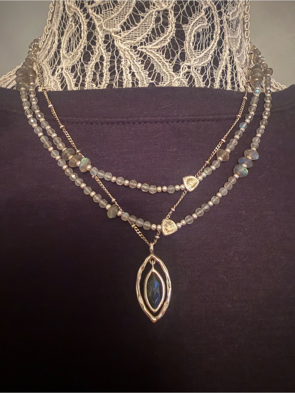 Grace & Heart Marbella Sterling Silver Labradorite Marquise Pendant Necklace Set
